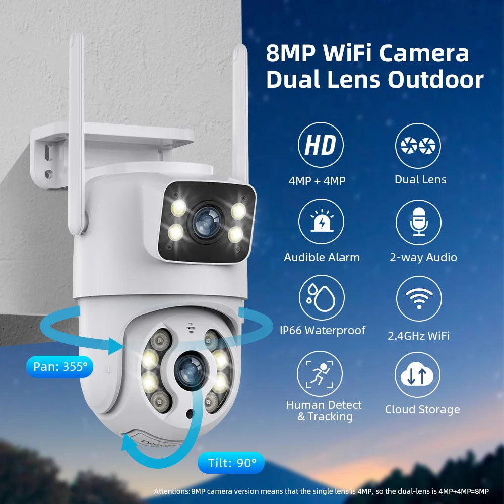 Hiseeu 4K 8MP Wifi Surveillance Camera Dual Lens 4X Digital Zoom